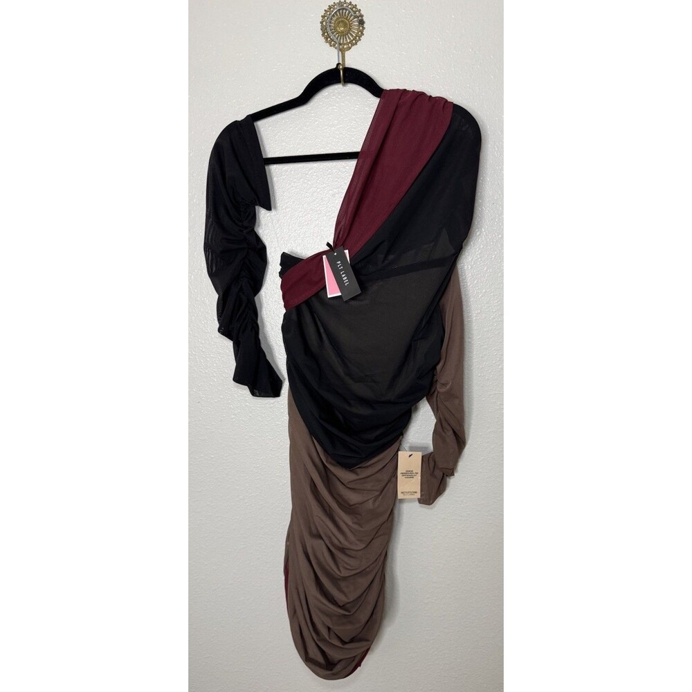 PLT LABEL OXBLOOD BANDAGE MESH PANEL RUCHED ASYMMETRICAL BODYCON DRESS Size 14